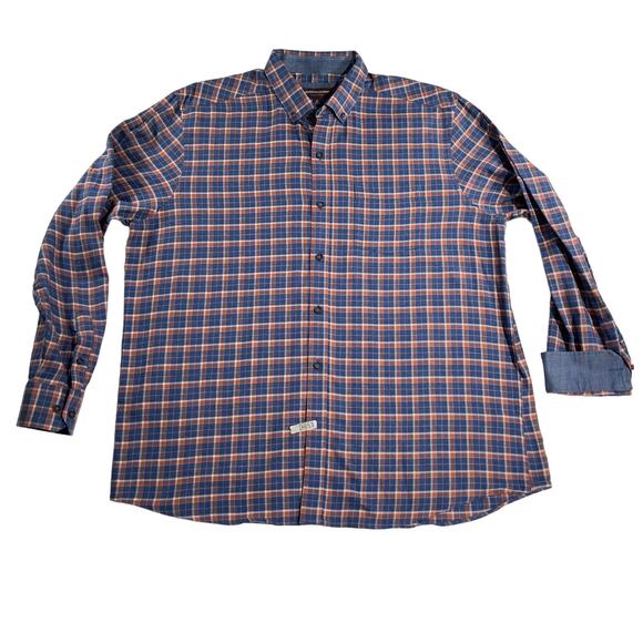 Johnston & Murphy Button Shirt Men's Extra Large Blue Tan Check Pocket Cotton - Picture 1 of 12